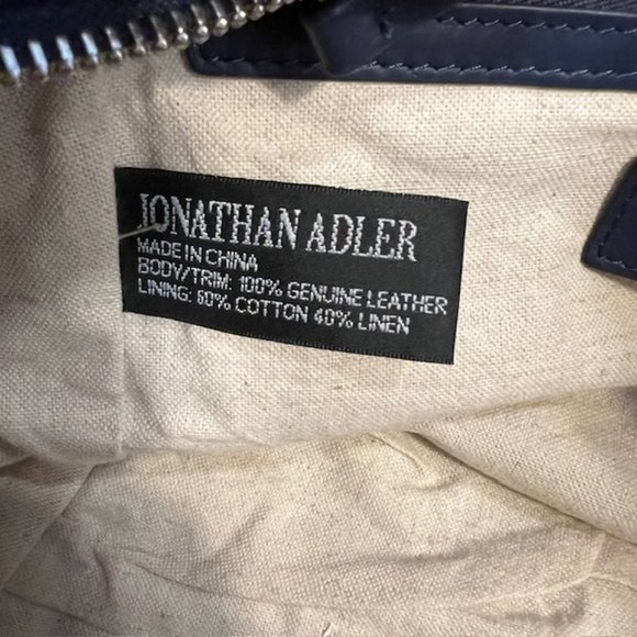 Jonathan Adler purse dark blue leather top handle geometric pattern tote - Picture 7 of 13